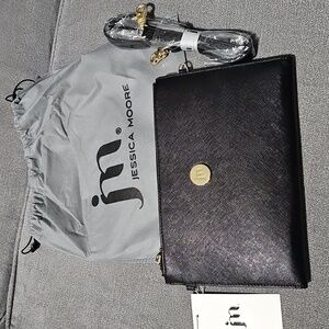 Jessica Moore Lush Clutch Black Wristlet Shoulder Bag Crossbody Purse 2 Straps